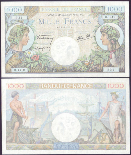 1940 France 1,000 Francs (aUnc)